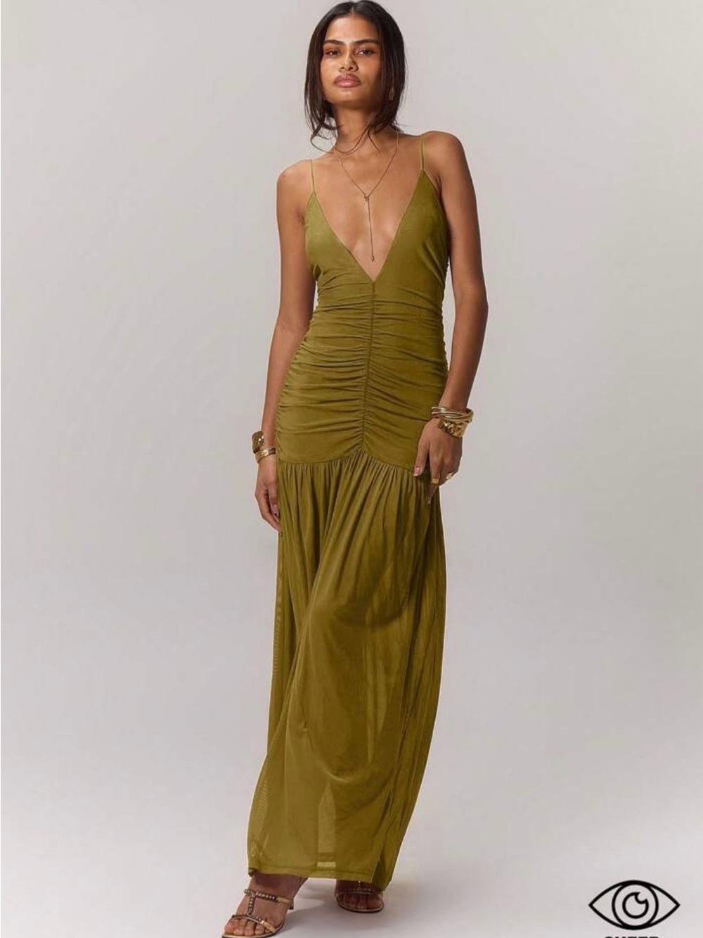 Olive Green Ruched V-Neck Maxi Dress by